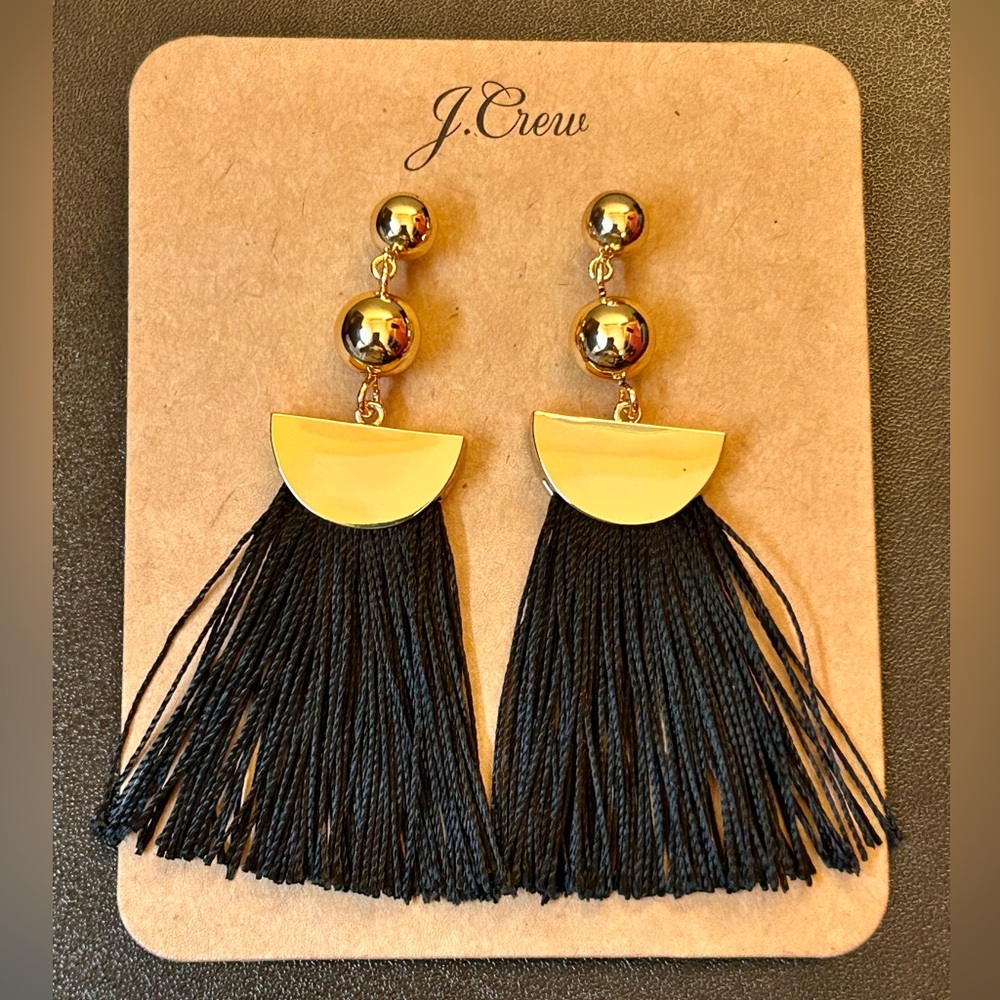 J. Crew Gold & Black Tassel Earrings Fringe Dangle Drop Art Deco Modern